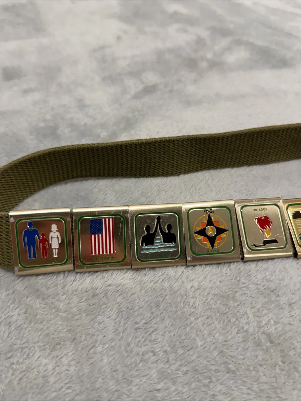 Vintage Boy Scouts of America Blue Web Belt Brass Buckle 9 Merit Badge Charms